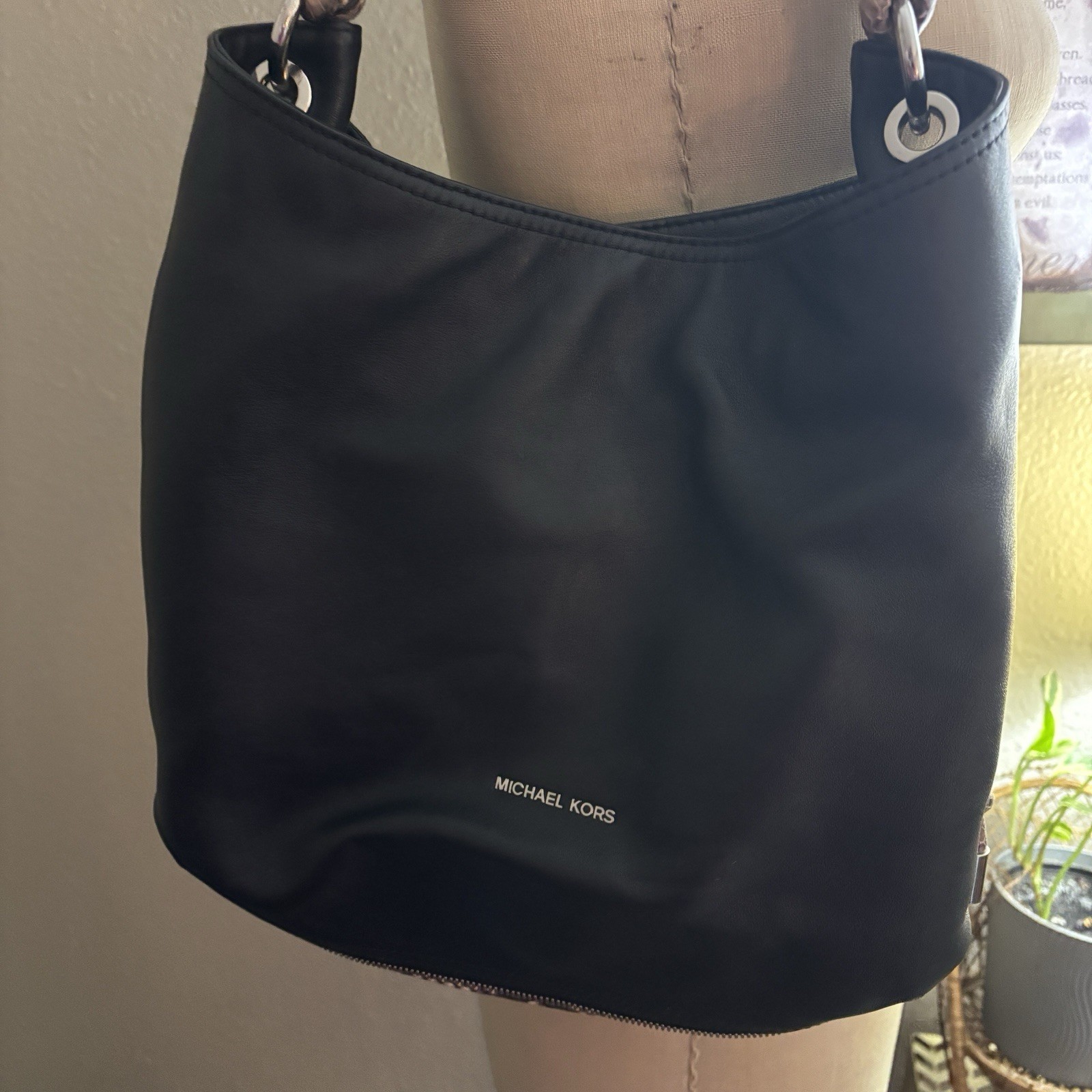 Michael Kors Black Shoulder Bag Silver Hardware Zip Closure