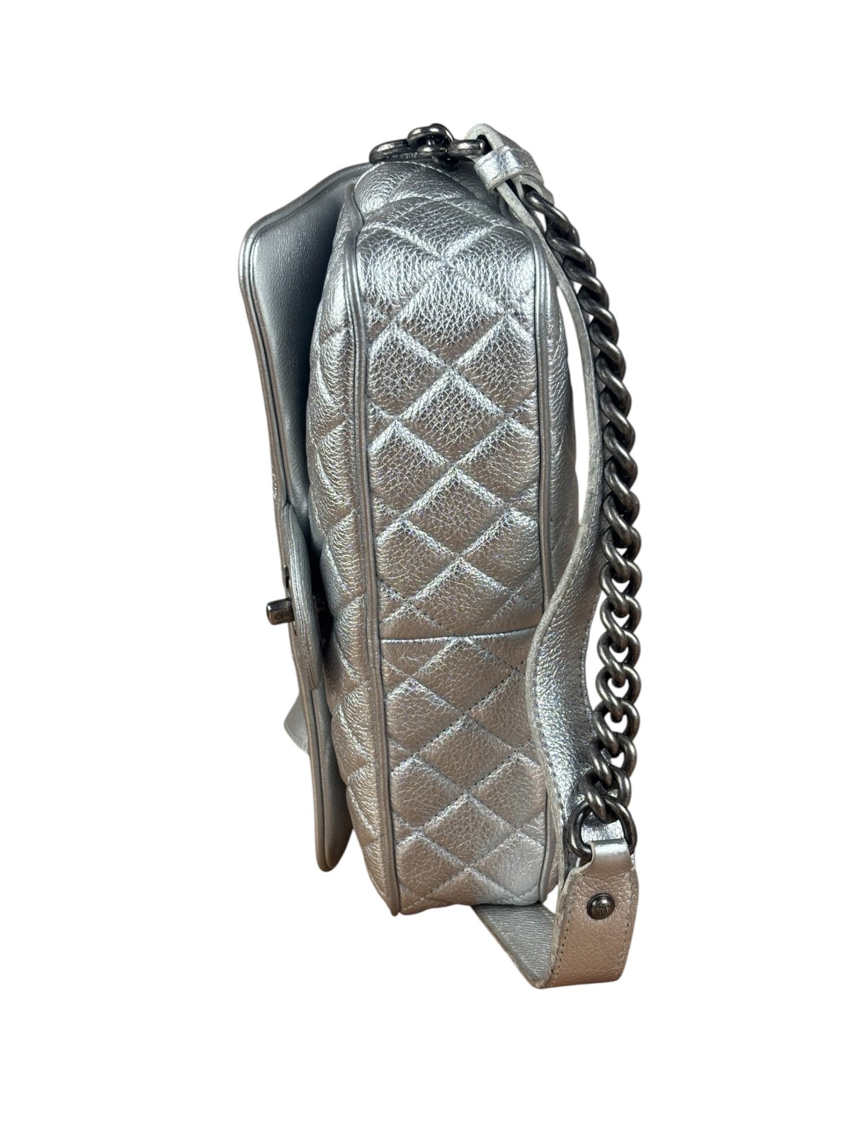 Size S – Chanel CC Silver Metallic Quilted Flap Shoulder Bag 2017 – Pre-Owned