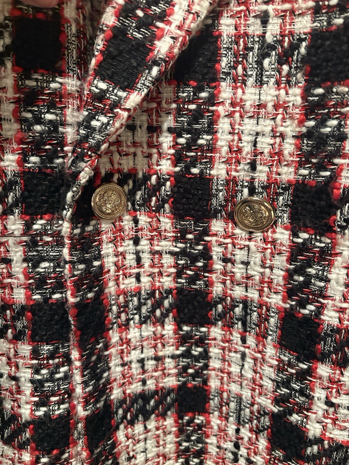 ZARA Women’s Plaid Blazer Jacket L Black White Red Lined Button Pockets