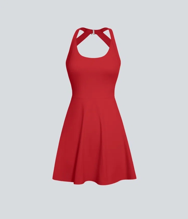 NWT SoftlyZero™ Airy Backless Twisted Flare Dance Active Dress in salsa red M