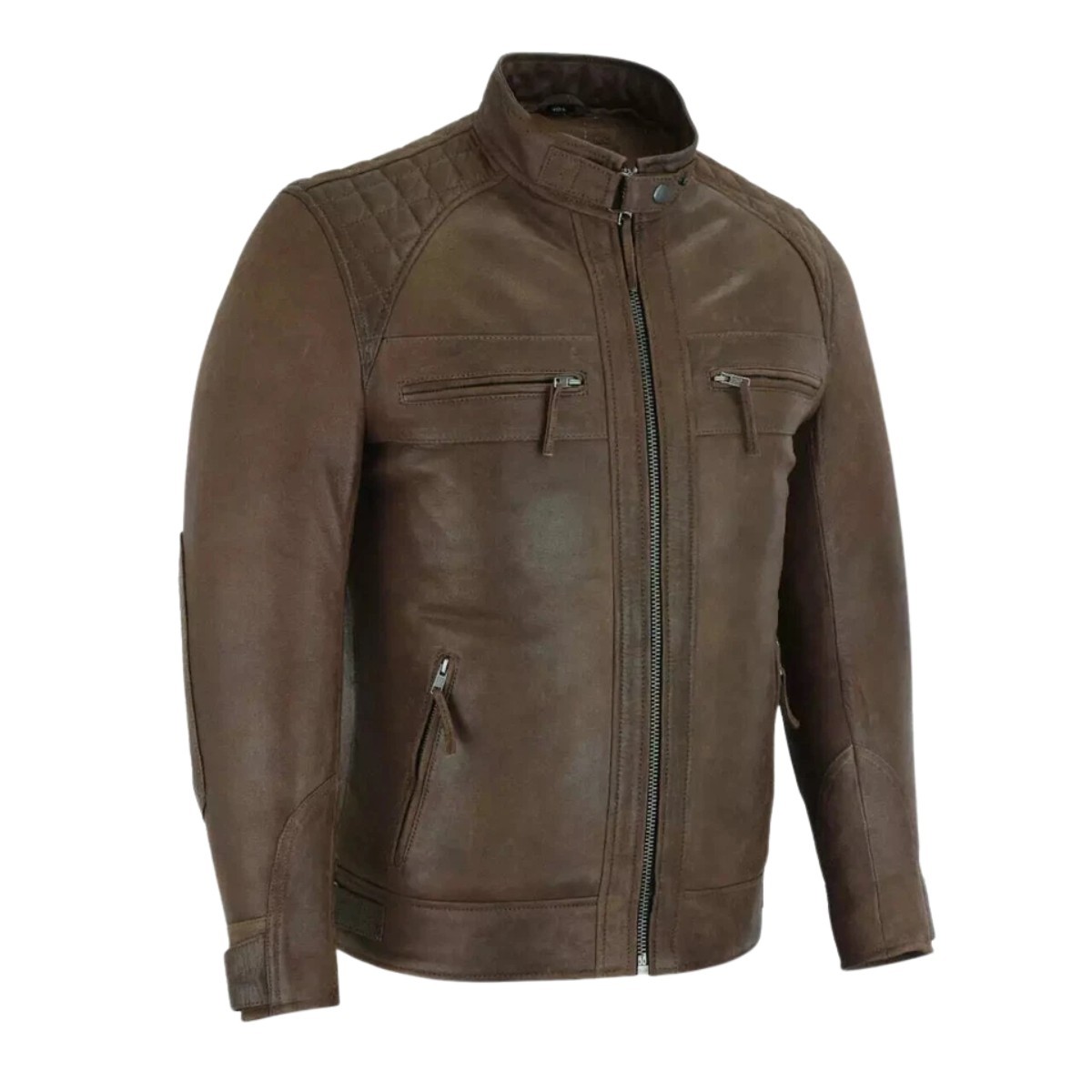 Men’s Brown Distressed Leather Jacket Biker Cafe Racer Quilted Moto Coat