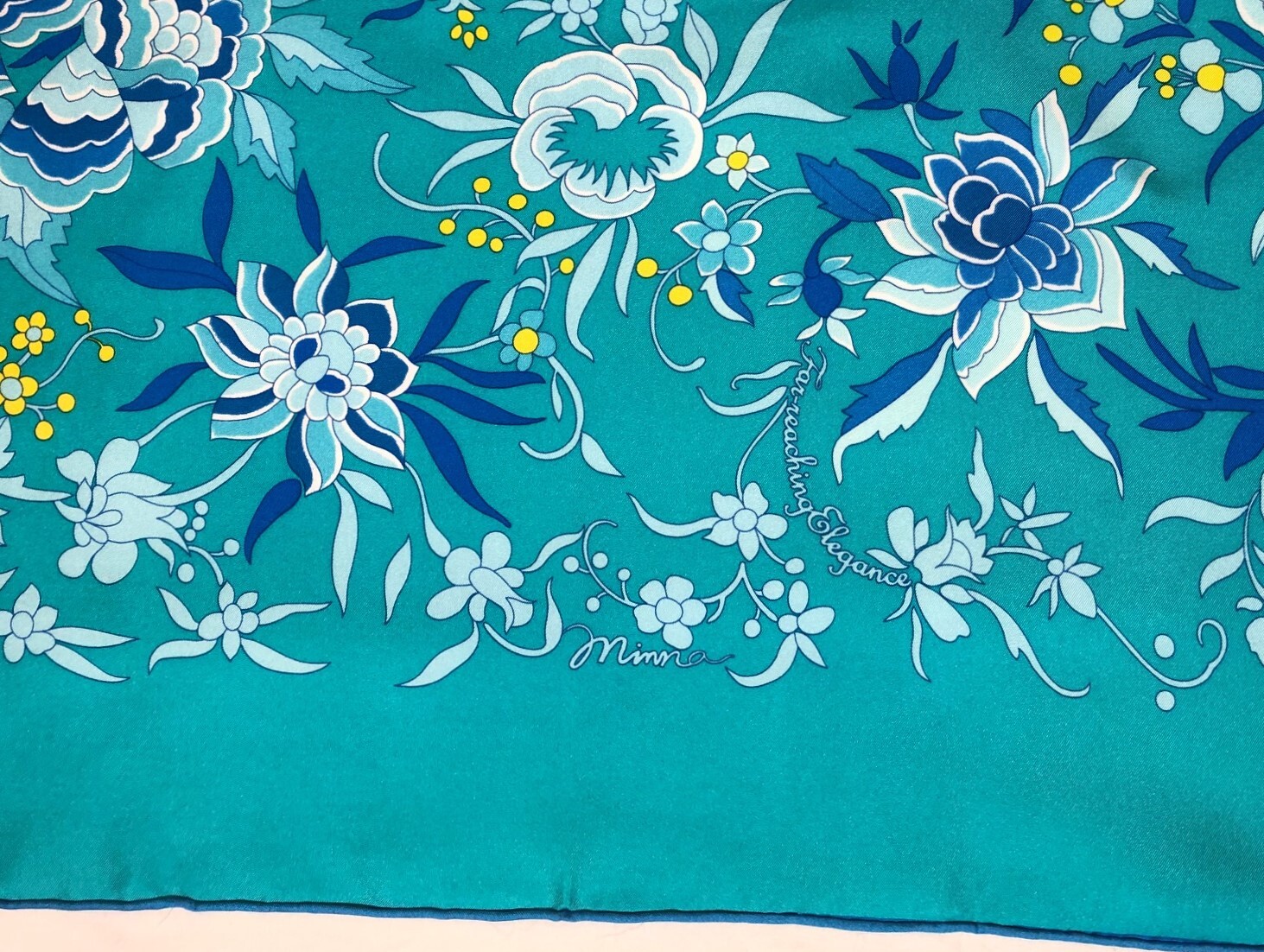 Large Cathaya Aqua Blue Silk Scarf Floral Flowers White Yellow 42″ x 42″