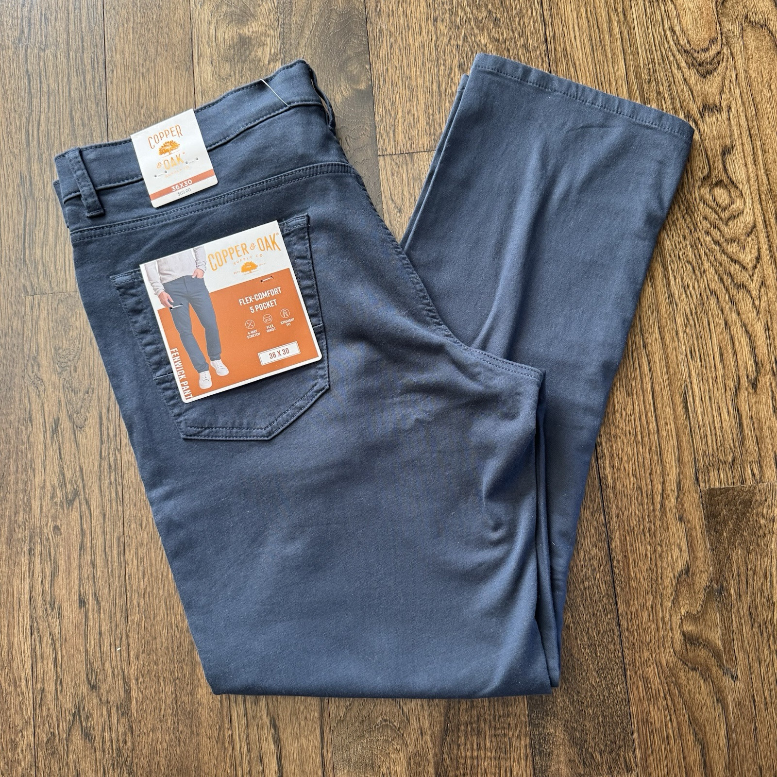 Copper & Oak NWT Mens 36×30 Fenwick Flex-Comfort 5 Pocket Pants Ocean Blue NEW
