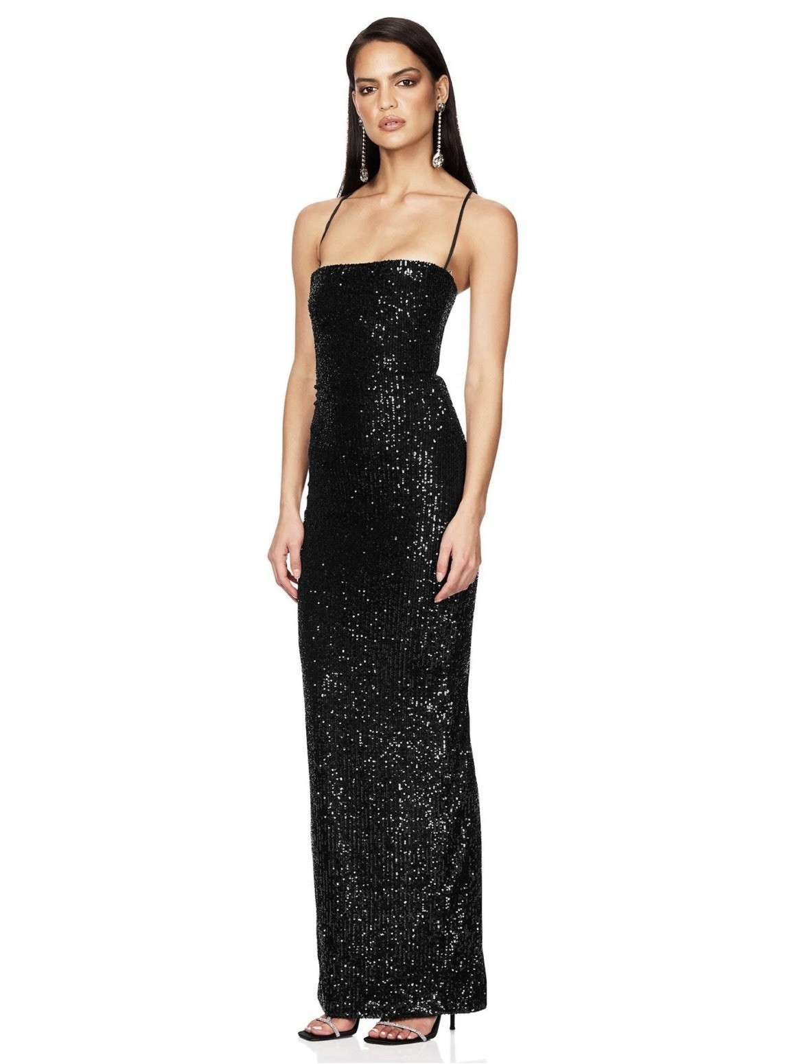 Nookie Black Sequin Square Neck Spaghetti Strap Maxi Dress Women’s 8