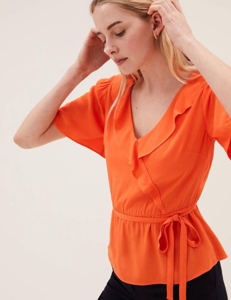 M&S Orange Frill V-Neck – Mock Wrap Blouse With Angel Sleeve Size 14 RRP: £29.50