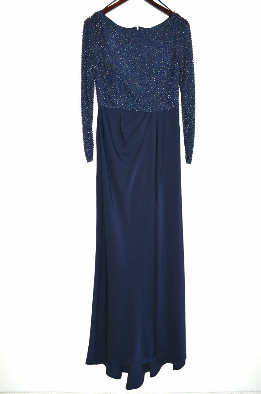 LA FEMME Navy Beaded Embellished Sheer Mesh Bodice Pleated Maxi Gown Dress 8 = M