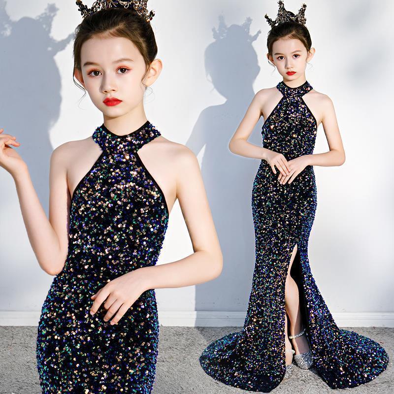 Black Sequined Slim Mermaid Sweep Train Long Maxi Ball Gown Dress Party Princess