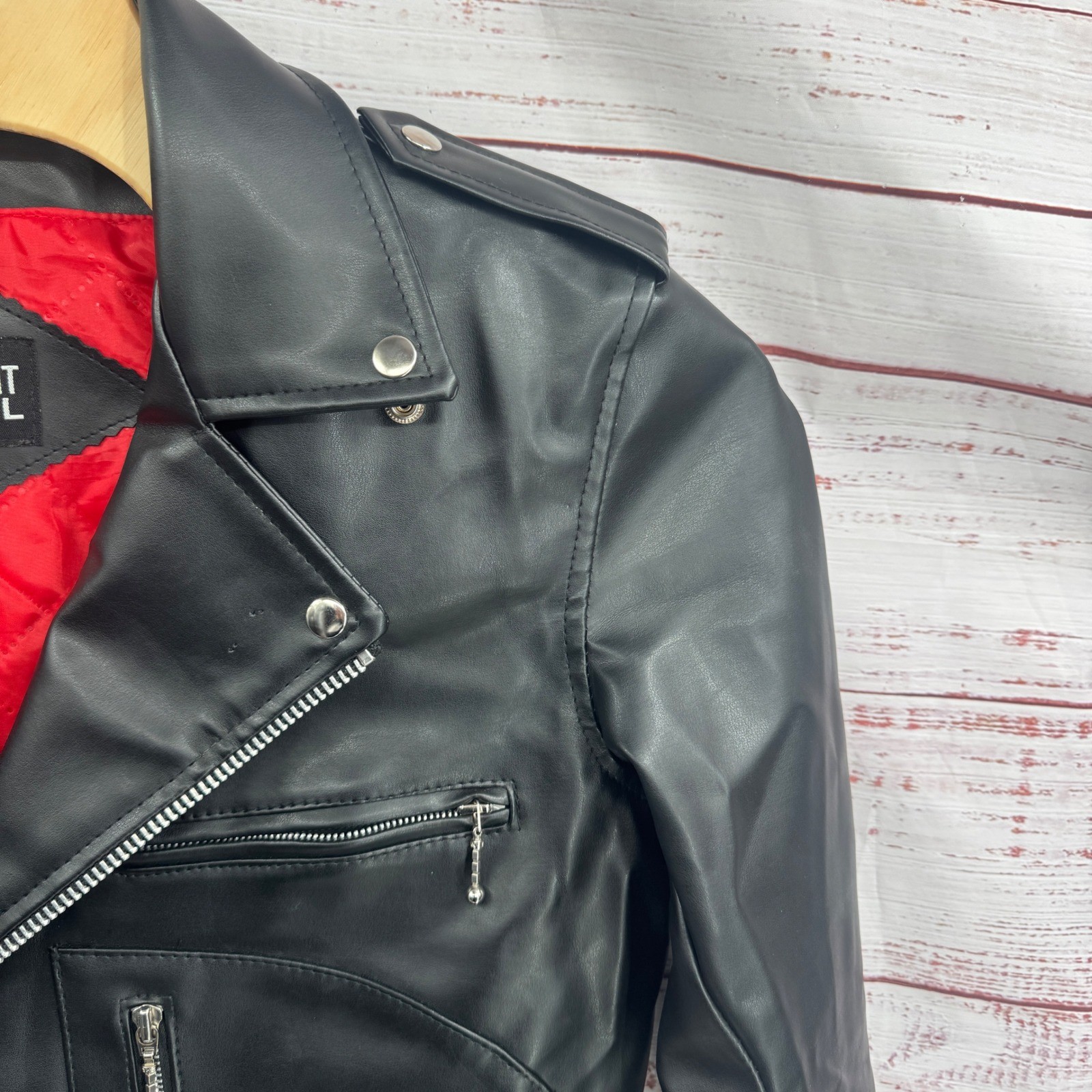 Straight to Hell Moto Jacket Large Black Faux Leather Red Quilted Lined Belted
