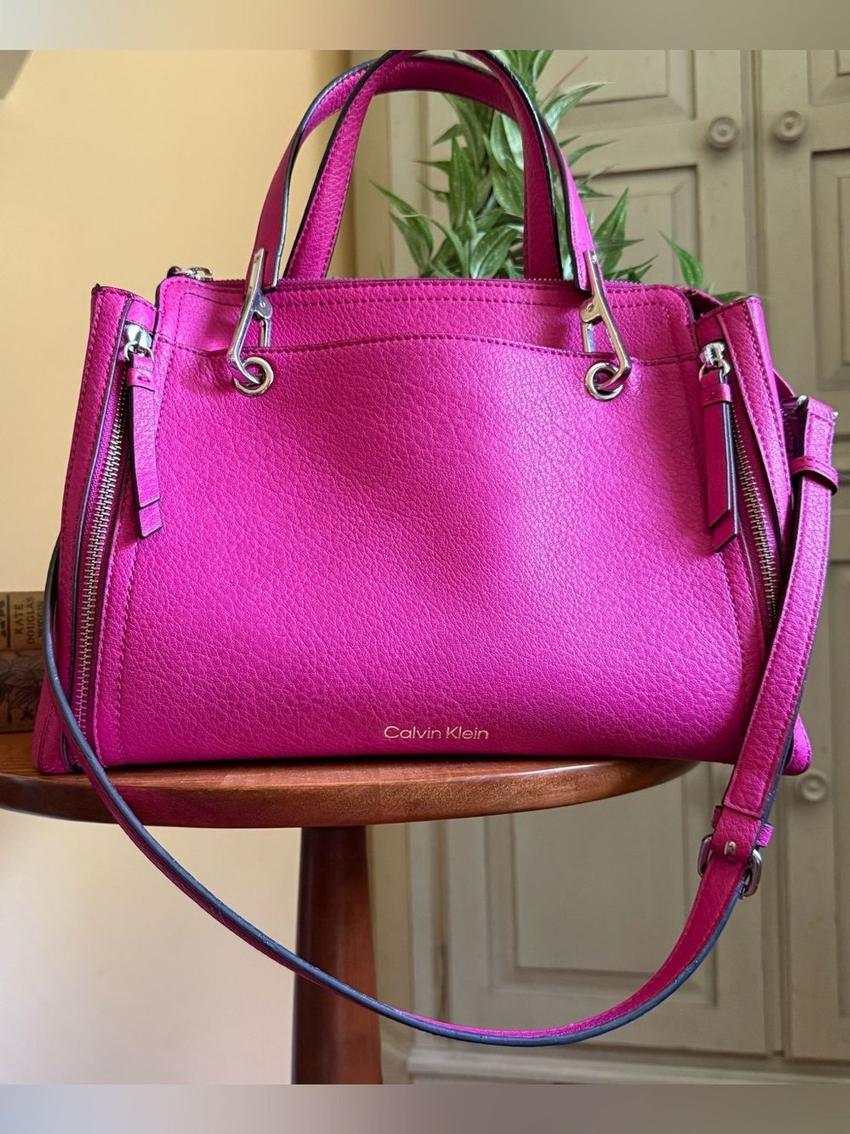 Calvin Klein Bright Fuchsia Pebbled Leather Satchel Tote with Silver Hardware