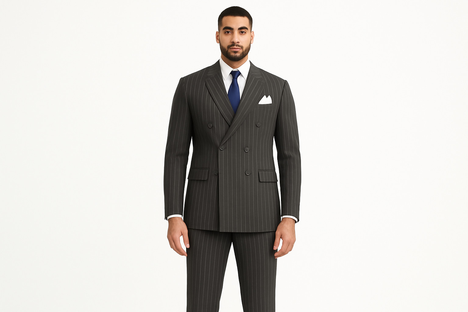 Charcoal Vinci Men’s Wool Feel 6 Button Striped Double Breasted Classic Fit Suit