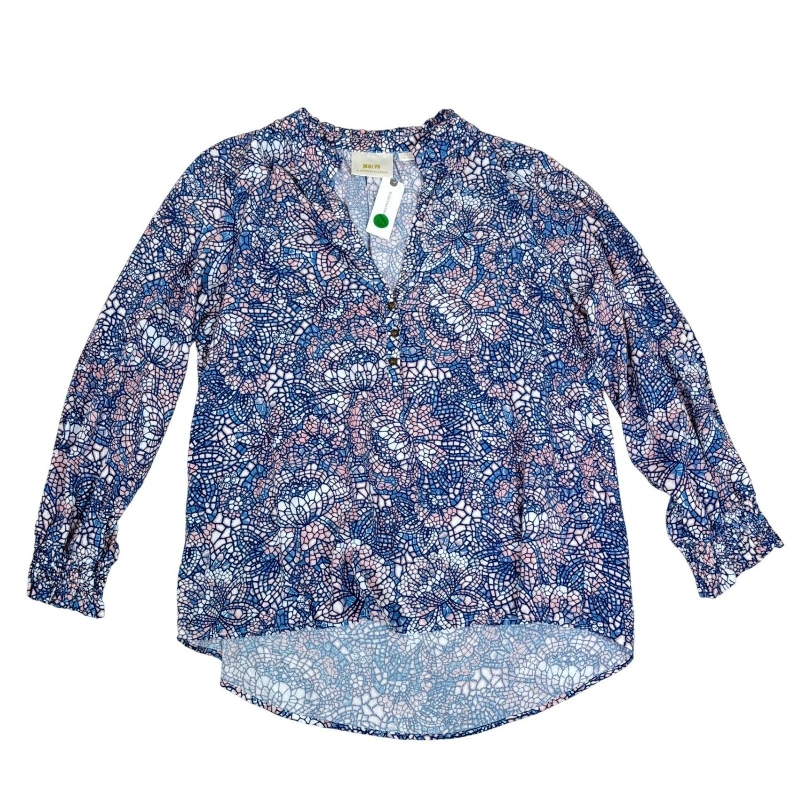 Maeve by Anthropologie Blue Pink Mosaic Print V-Neck Tunic Shirt Size Small NEW