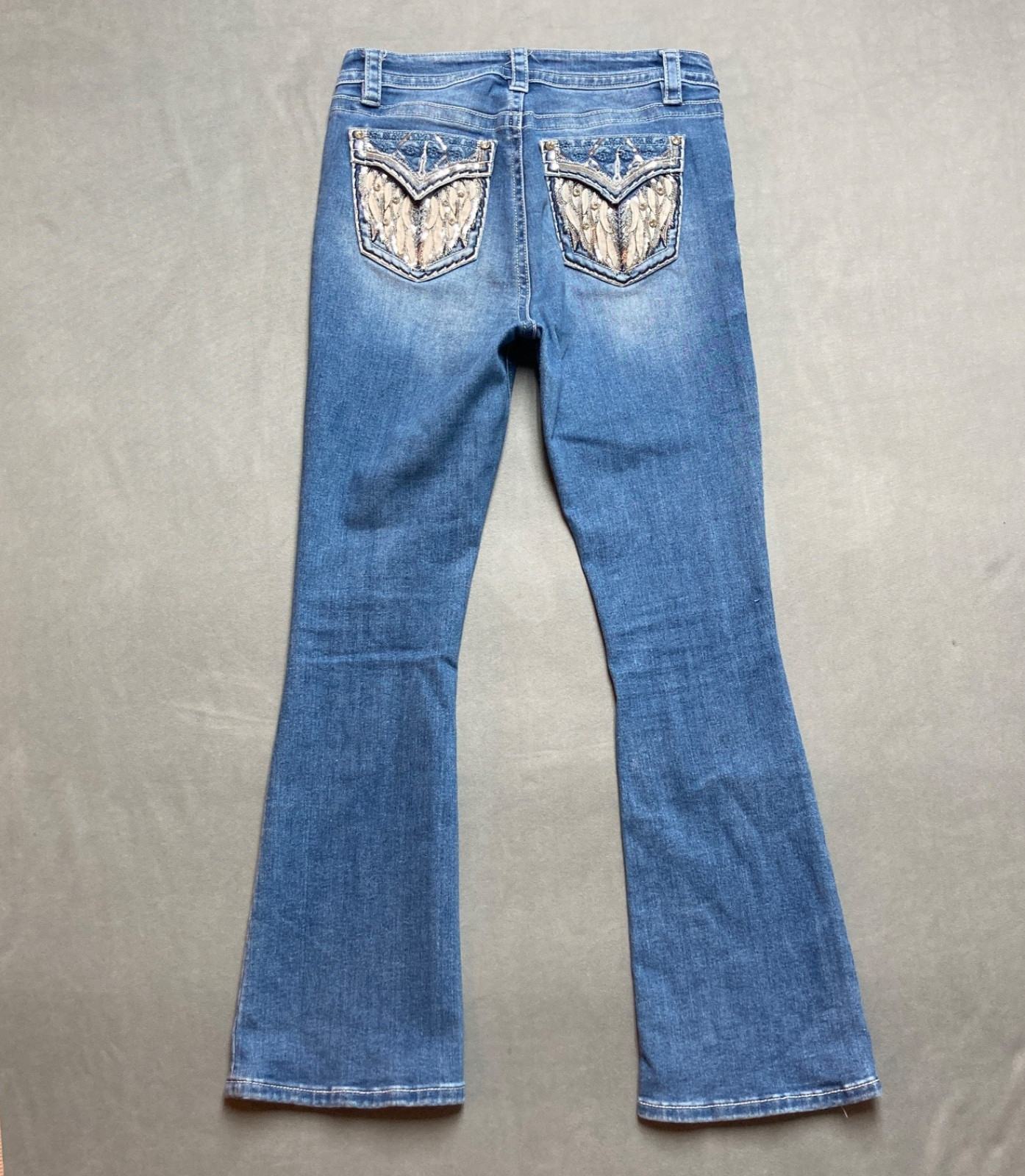 Y2K Jeans Womens 11 Blue Fairy Wing Rhinestone Bling Mid Rise Bootcut Stretch