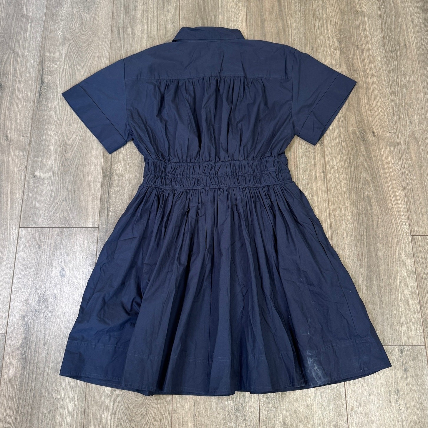 J.Crew Elena Mini Shirt Dress WMNS 10 Tall Navy Blue Cotton Poplin Smocked Waist
