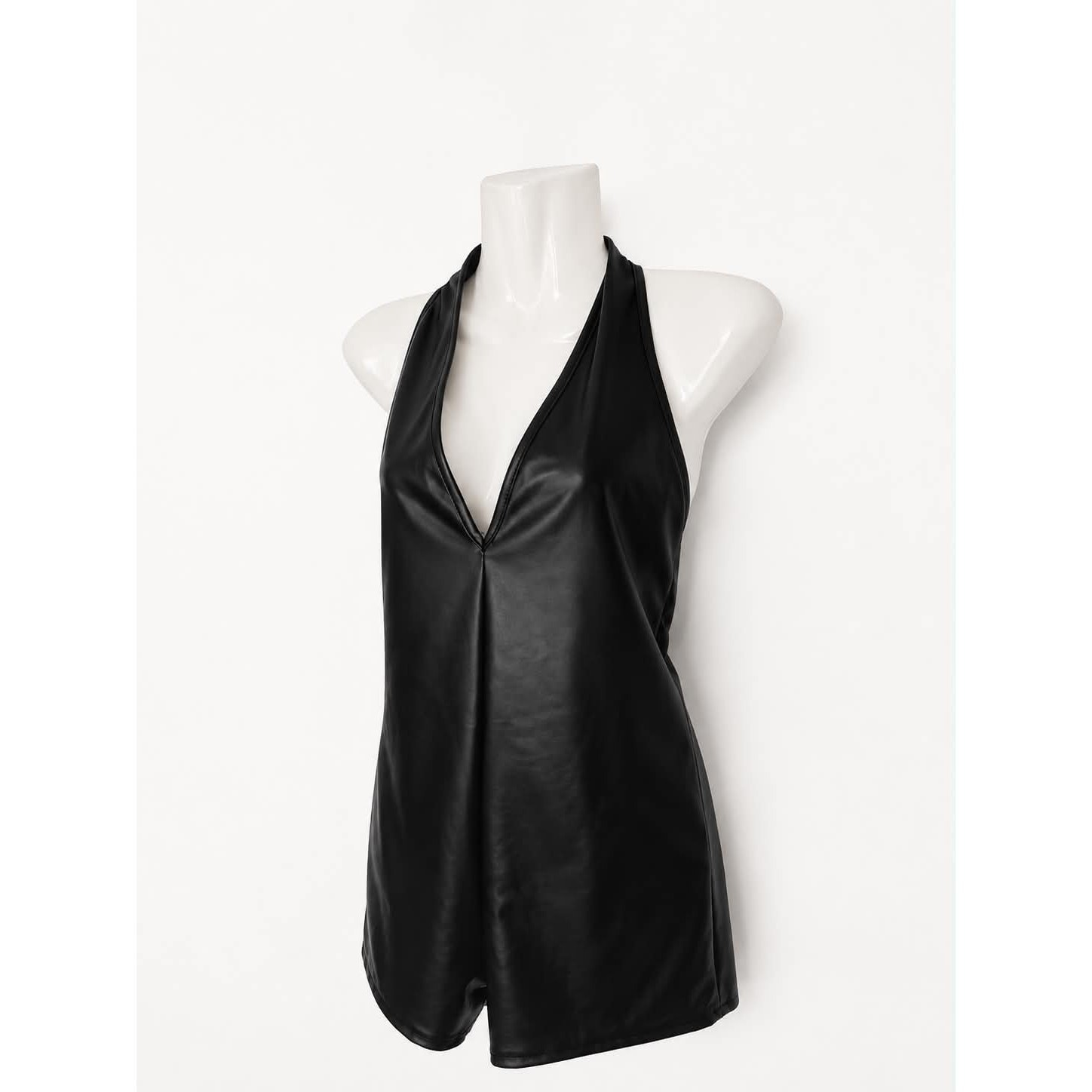 Black Faux Leather Halter Romper Open Back Plunge Neck Size Medium Runs Small 🖤