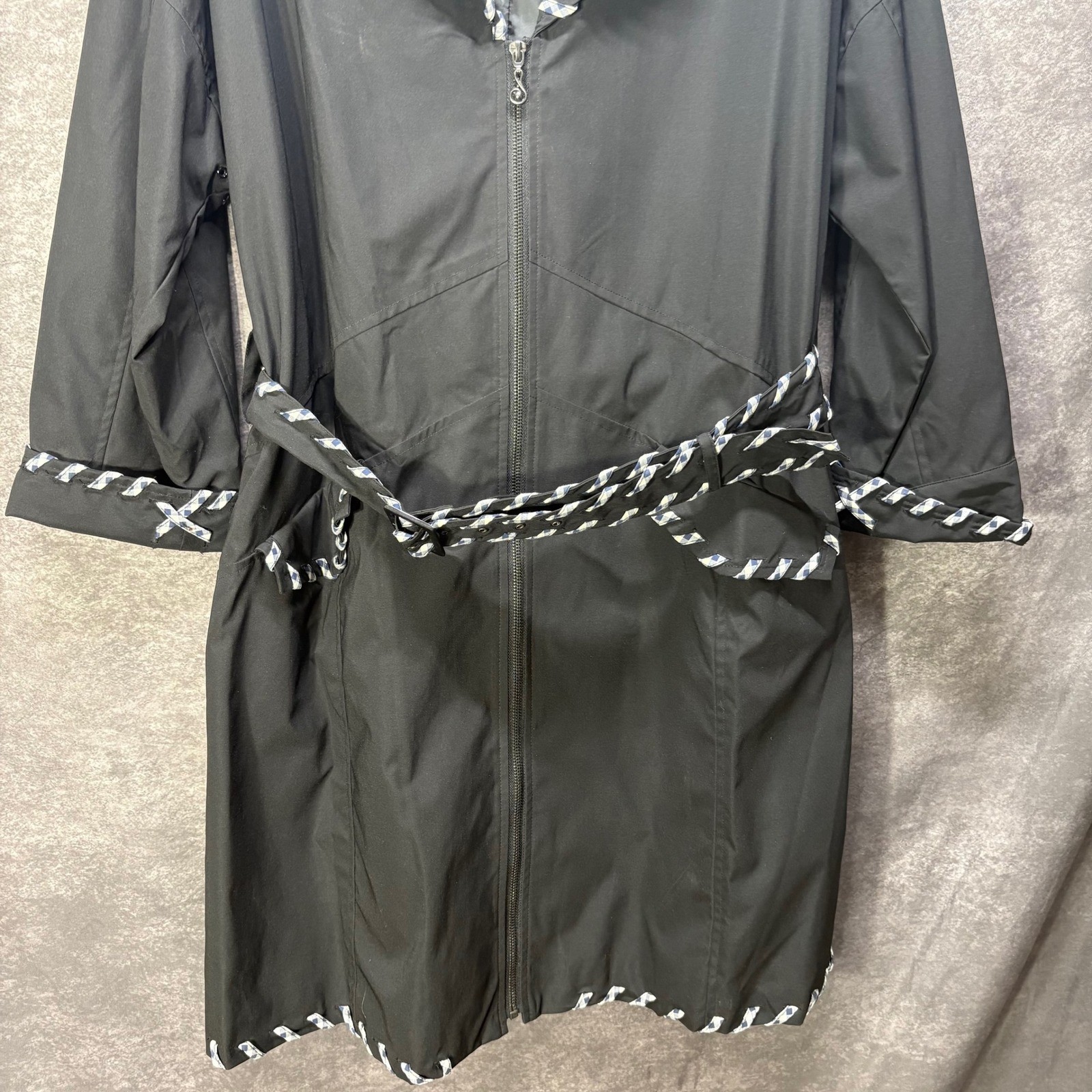 Samuel Dong Trench Coat Women’s XL Black Gingham Ribbon Wrap Trim Belted