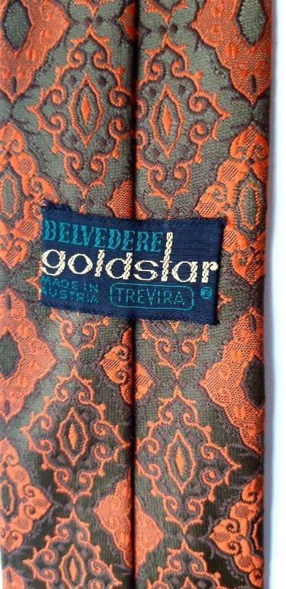 BELVEDERE GoldStar Tie Men’s Orange/Olive Rhombus Floral Geometric L-52″ W-2.7″