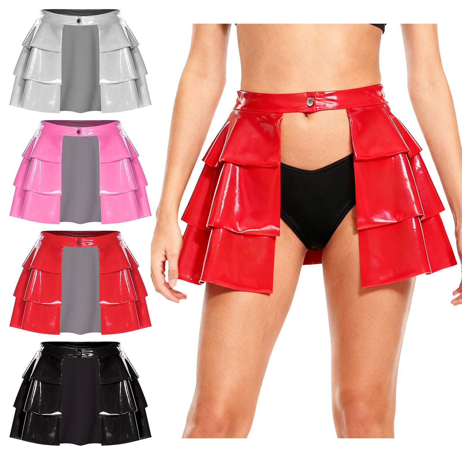 Womens Skirts Nightclub Outfit Front Open Mini Vintage Punk Leather A-line PU