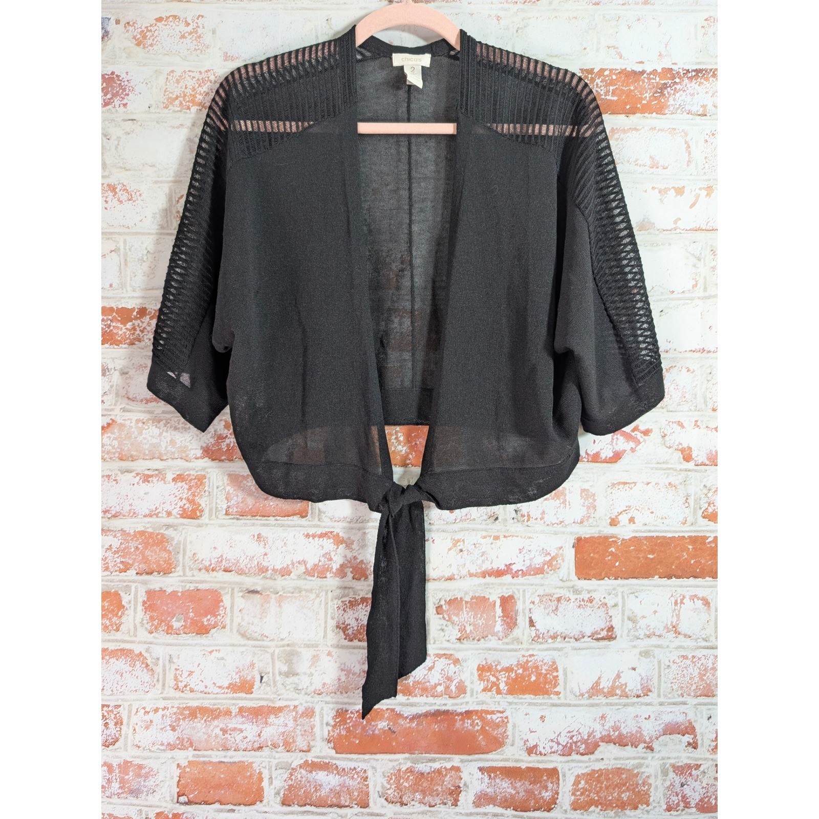 Chico’s Tie Front Shrug Womes Large Black Mesh Knit Cardigan Crochet Boho