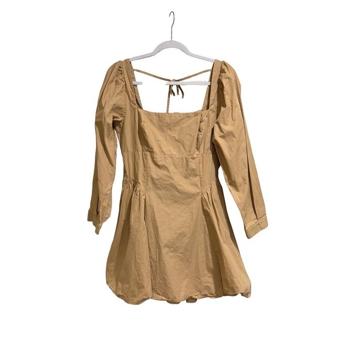 🌟 By Anthropologie Square-Neck Poplin Mini Dress Beige Long Sleeve Size Medium