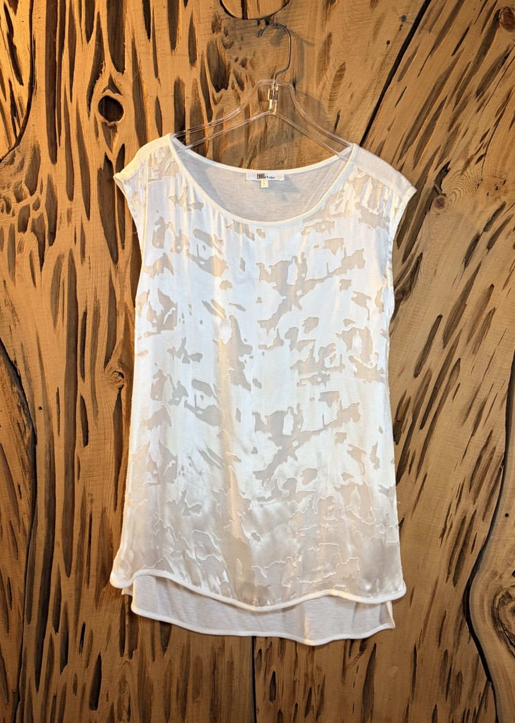 My Tribe Silk Blend Mixed Media Shell – Sheer Front Sleeveless Blouse White L