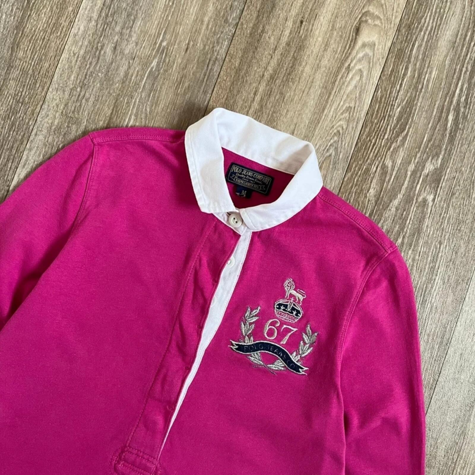 Vintage Polo Ralph Lauren Pink Rugby Shirt Womens Medium Crest Patch Preppy Y2K