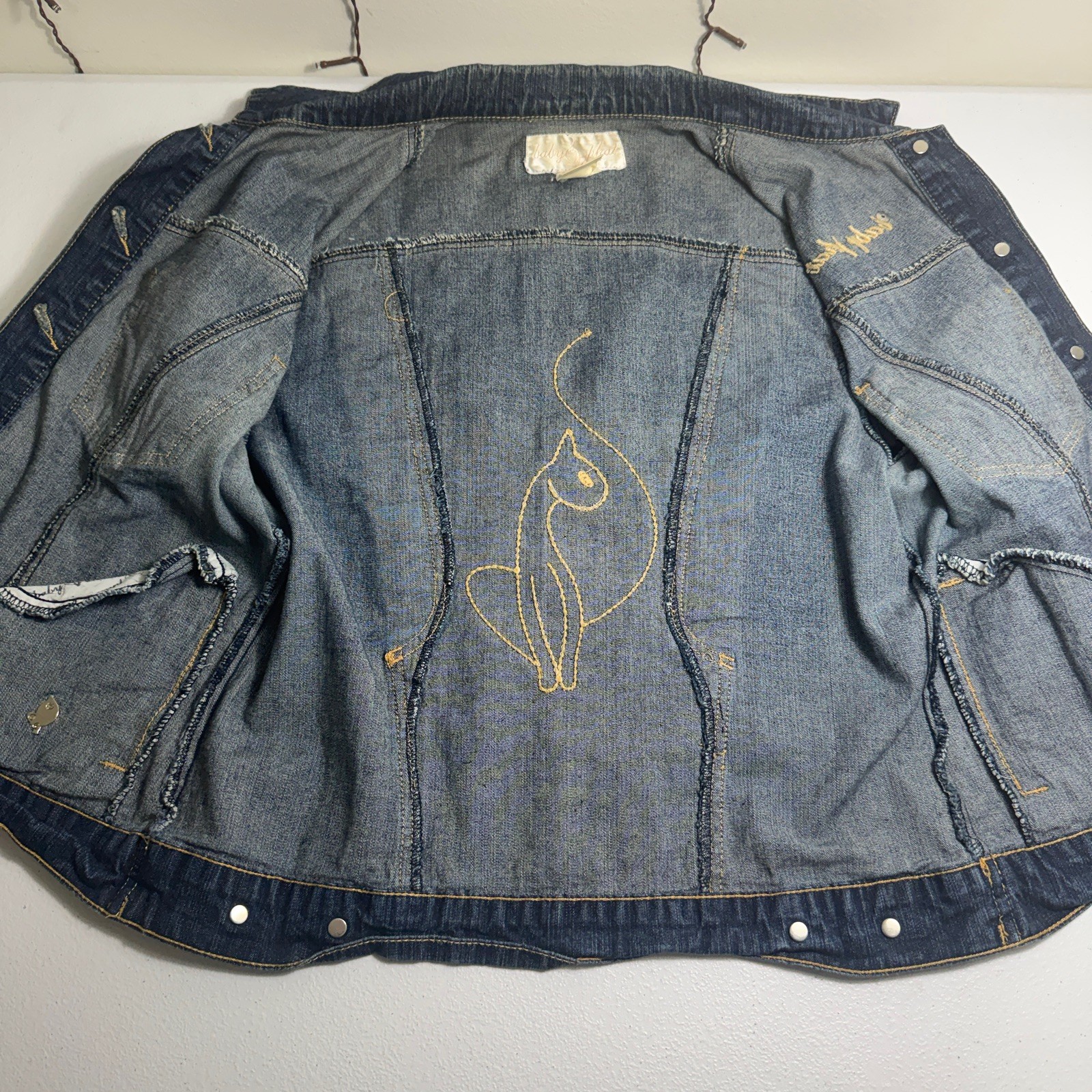 Vintage Y2K Baby Phat Women’s Blue Jean Jacket Gold Embroidered Cat Logo Size M