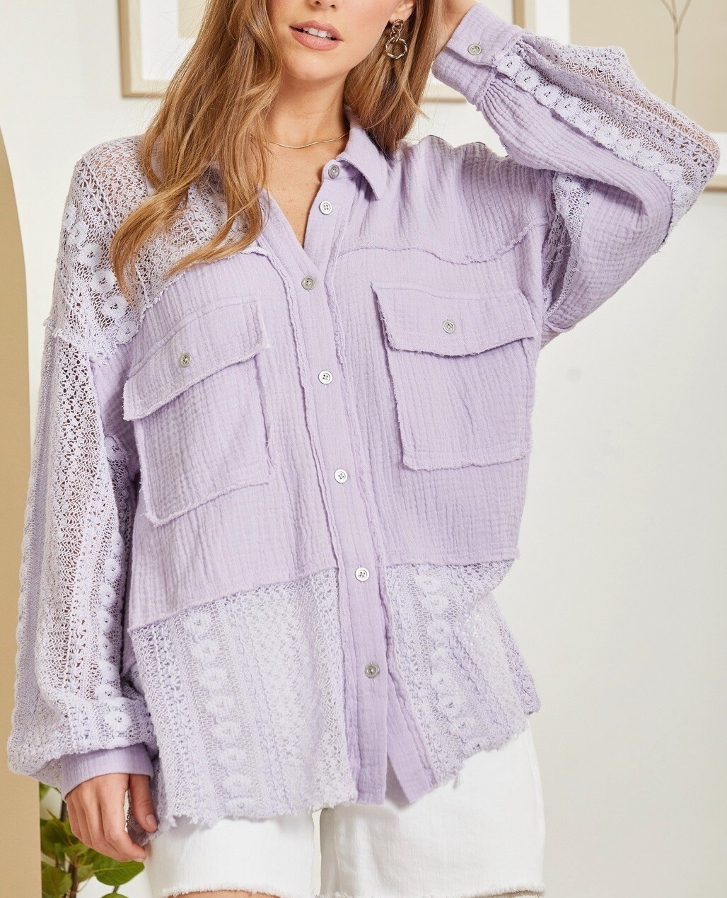 🔥🔥Cotton Button Up Lace Top Double Breast Pockets. Size Med