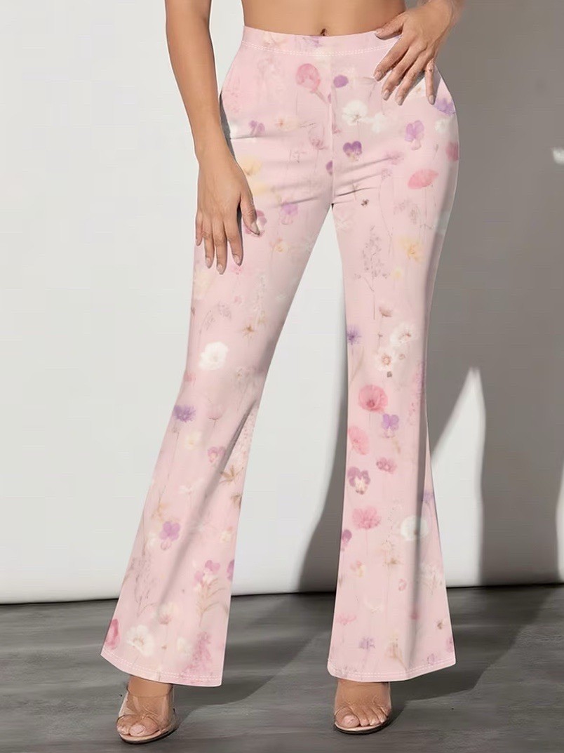 Floral Pattern Print Pink Pants Size: M