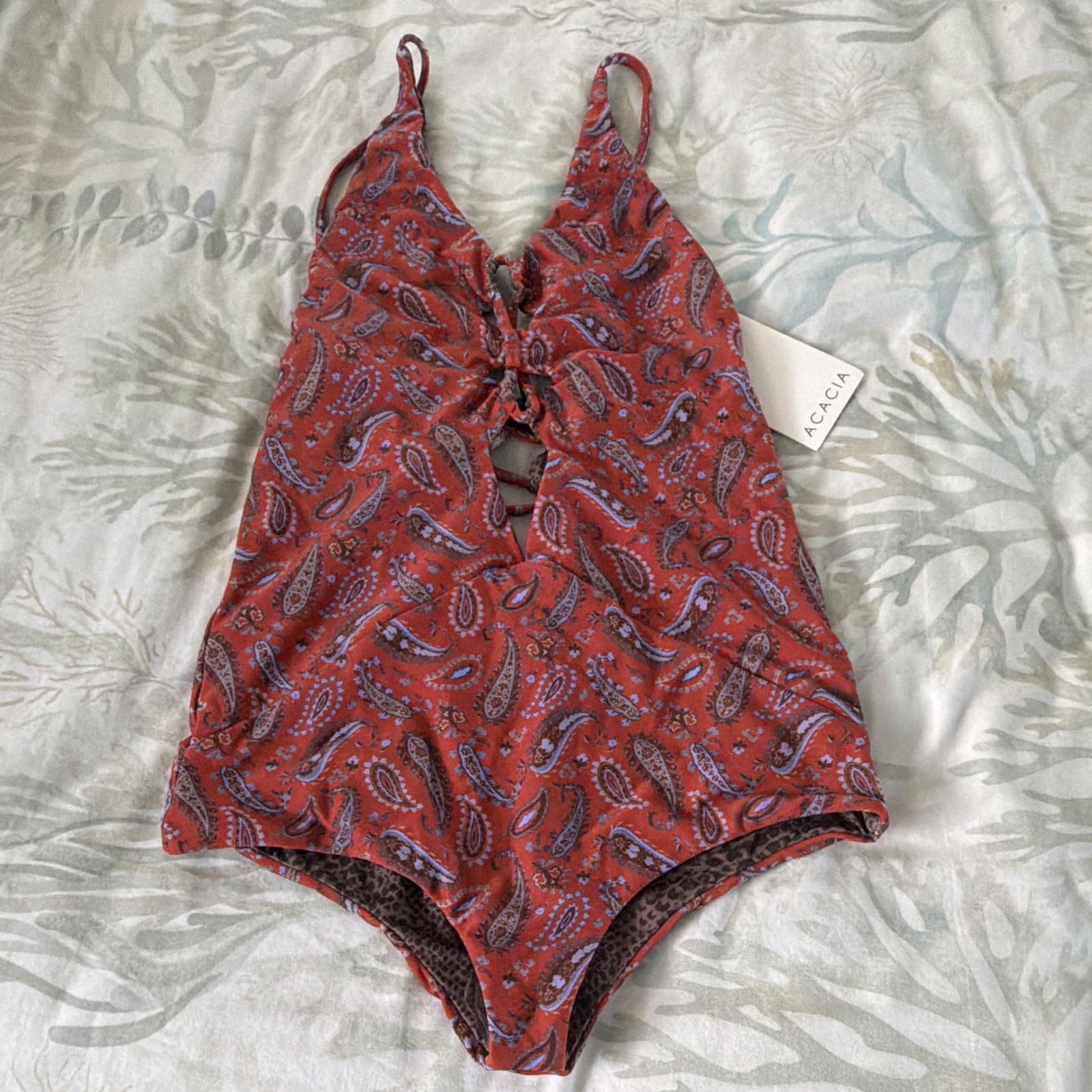 ACACIA Kokomo One-Piece Swimsuit Red Paisley Size P Lined Stretch Tie