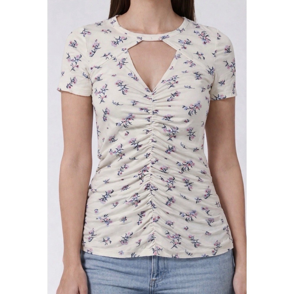 No Boundaries Floral Ruched Keyhole Short Sleeve Top Cream XL 15-17