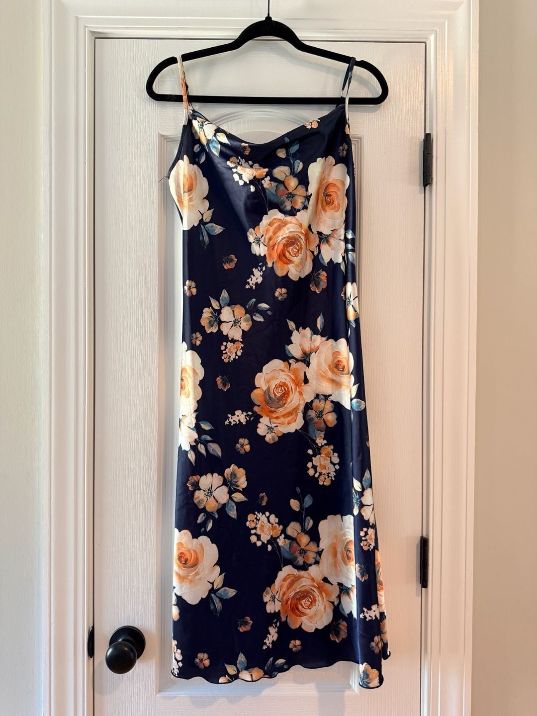 Bebe Navy Blue Satin Floral Cowl Neck Midi Dress