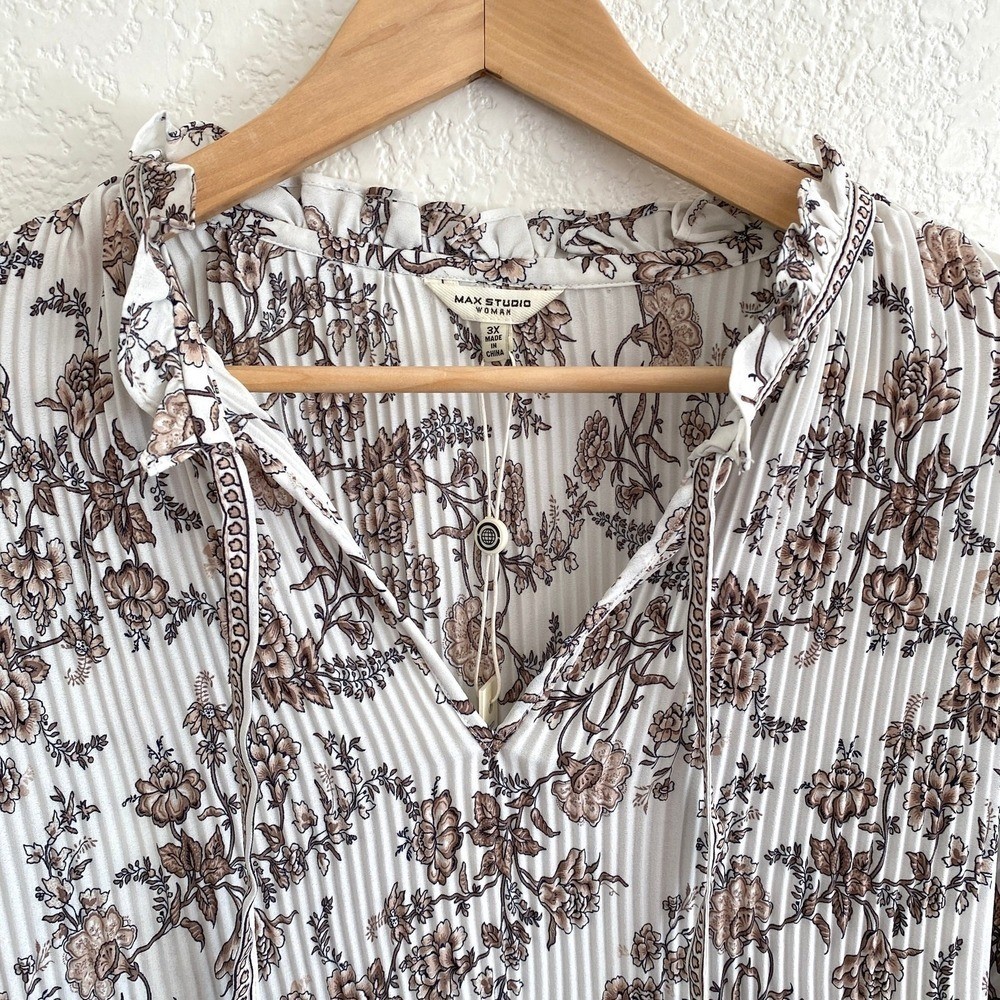 Max Studio Floral Pleated Peasant Blouse Boho Chic Balloon Sleeve Brown White 3X