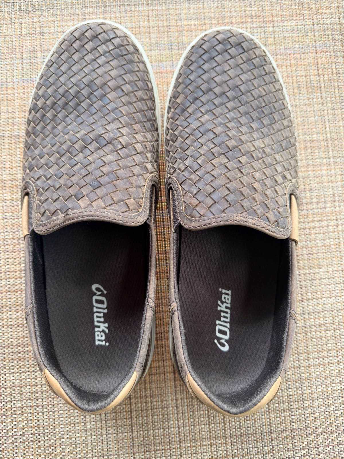 OluKai Lae’ahi Lauhala Men’s Woven Slip-On Brown Leather Comfort Shoes US 9.5
