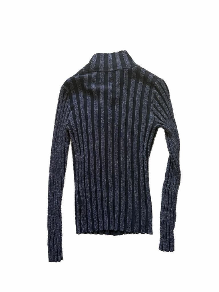 Pure Amici Metallic Silver and Black Ribbed Full-Zip Mock Neck Sweater