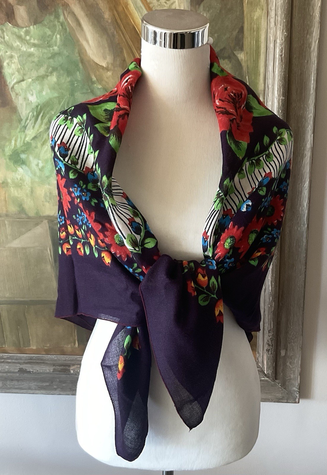 Vintage 42”x42” Vibrant Festive Multi-color Floral Scarf/Wrap/Shawl