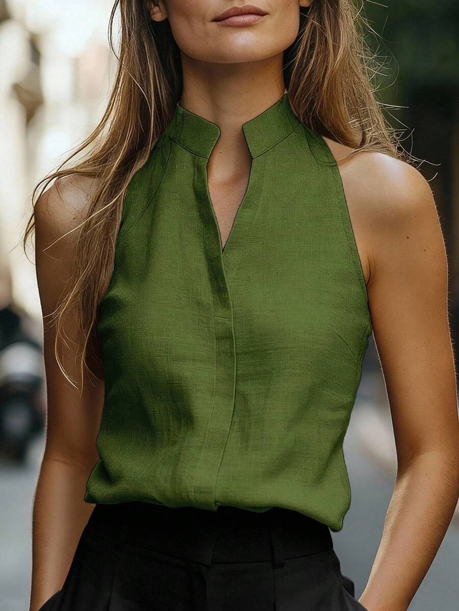 Notched Neck Tank Top Button Casual Sleeveless Linen Look Blouse Shirt New