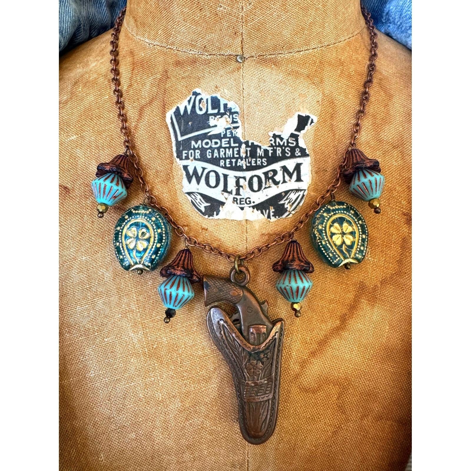 Western Gun Charm Necklace Czech Glass Horseshoe Lucky Charm Copper Necklace