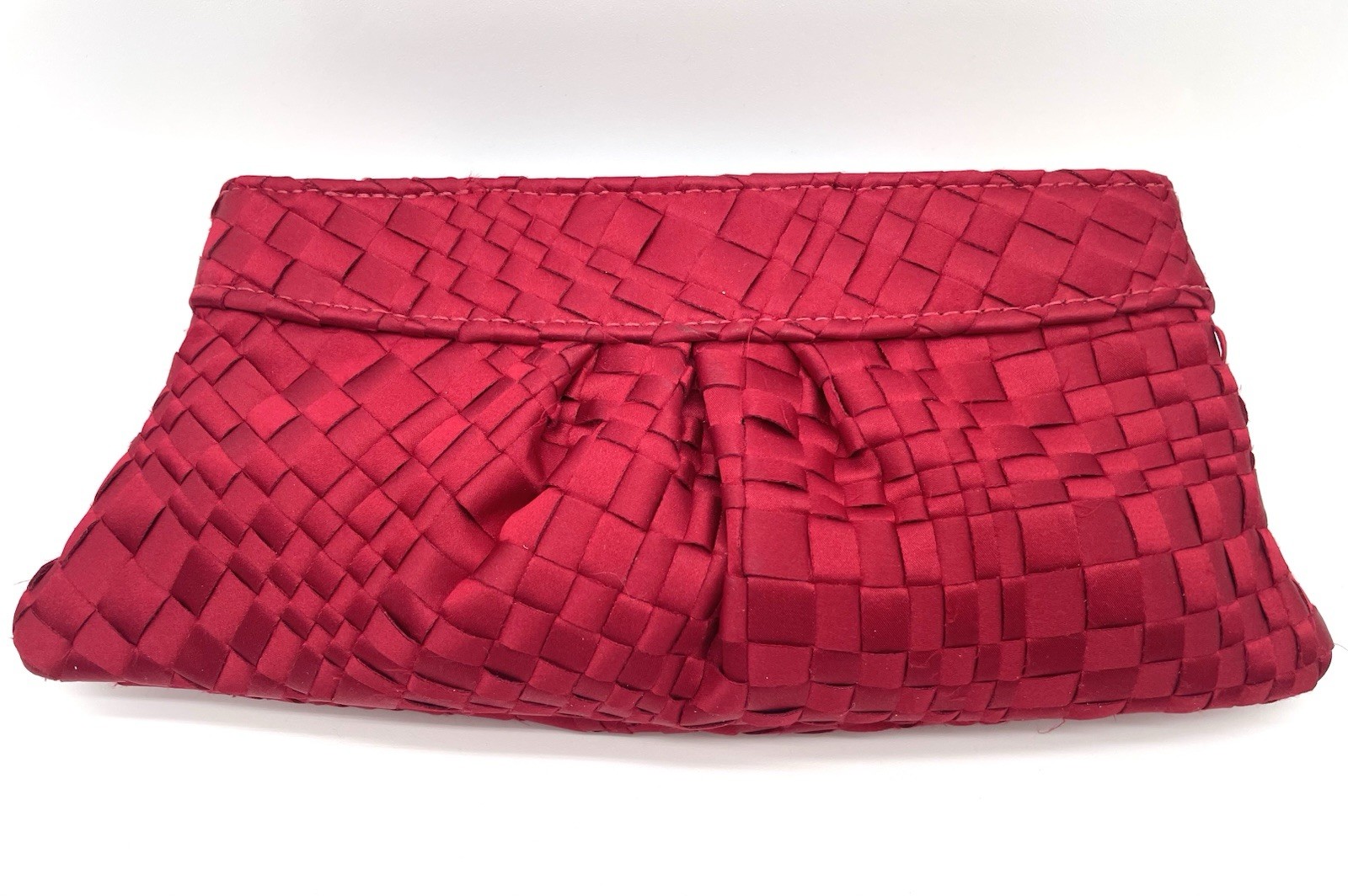 LAUREN MERKIN Ruby Red Satin Woven Small Hinged Clutch SEE FULL DESCRIPTION