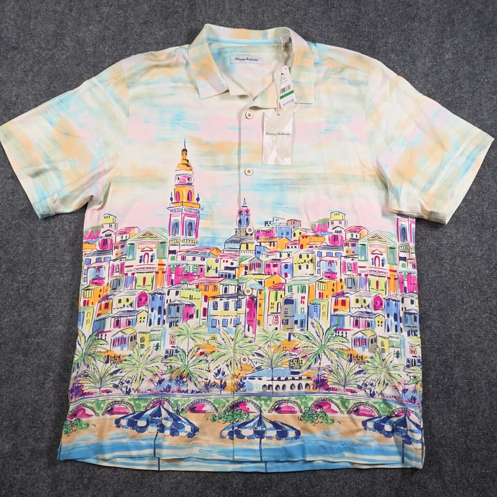 NWT Tommy Bahama Amalfi Vista Shirt Mens L Vanilla Ice Silk Scenic Print Beach