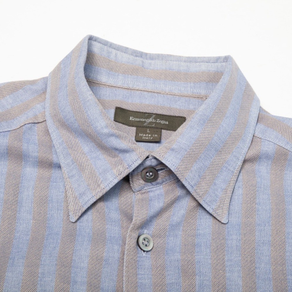 Ermenegildo Zegna Button Down Shirt Mens L Blue Tan Striped Long Sleeve Cotton