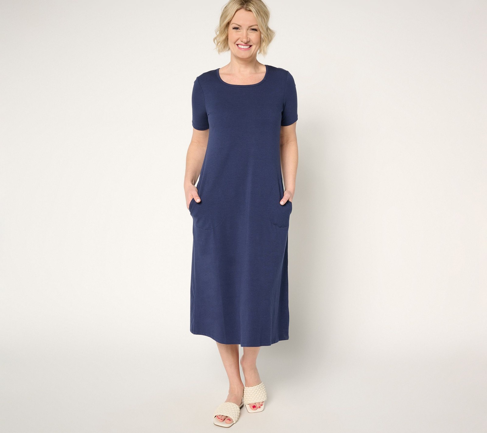 Denim & Co. Petite Favorite Jersey Short Sleeve Midi Dress Navy L New
