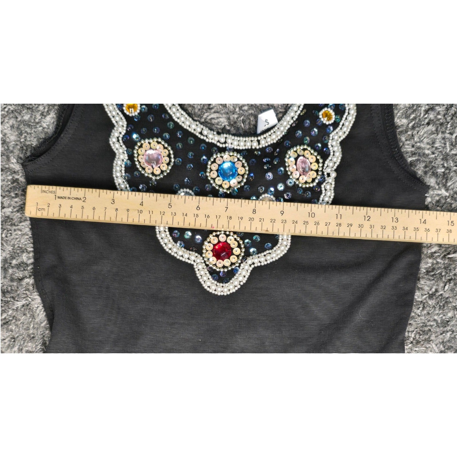 In Charge 90’s Blck Embellished Bodysuit Beaded Gemstone Tank Top size S