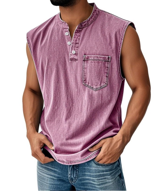 Men’s Sleeveless Henley T-Shirt Casual Cotton Blend Tank Top Summer Gym Vest
