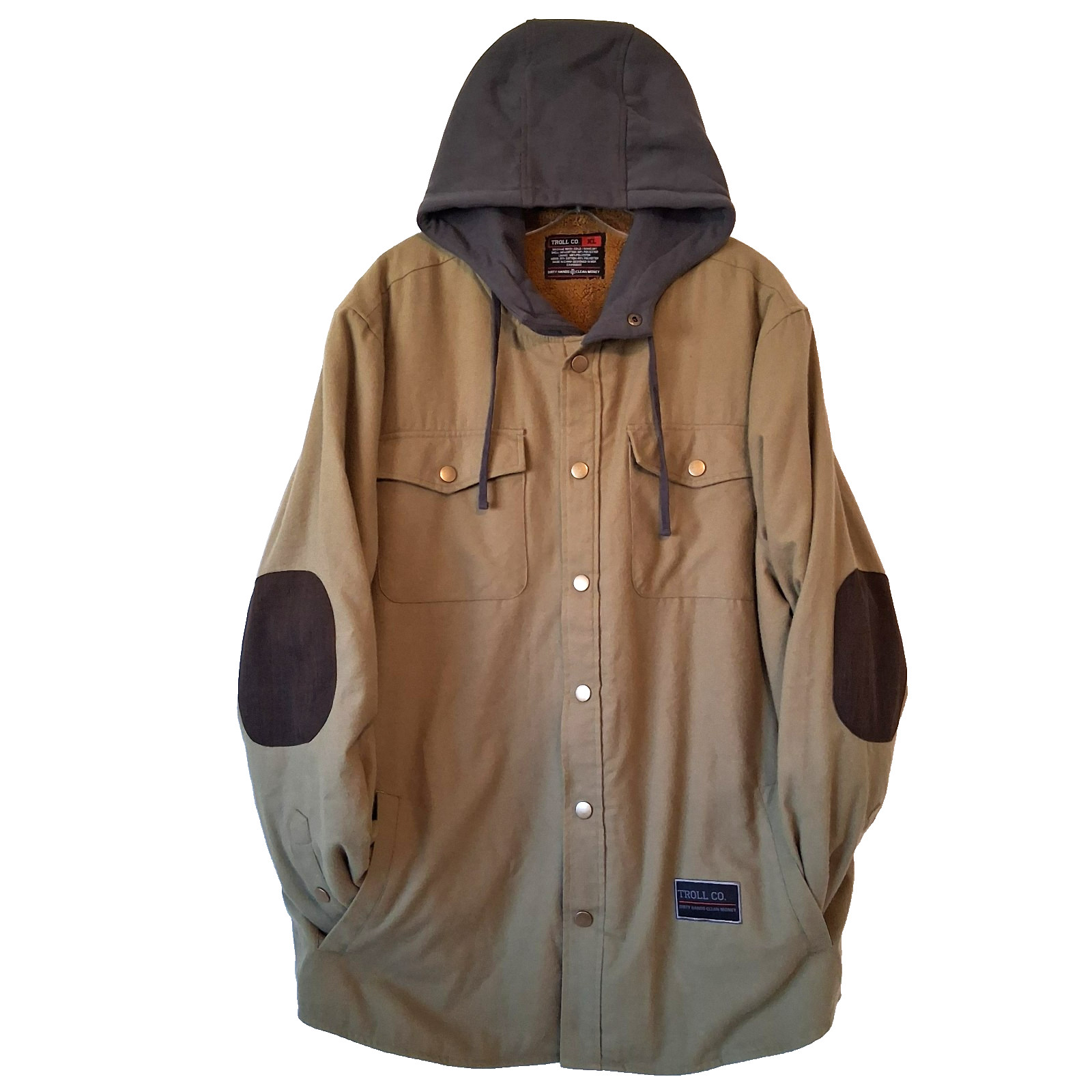 Troll Co Canvas Chore Coat Barn Jacket Mens XL Elbow Patches Lined Green Hooded