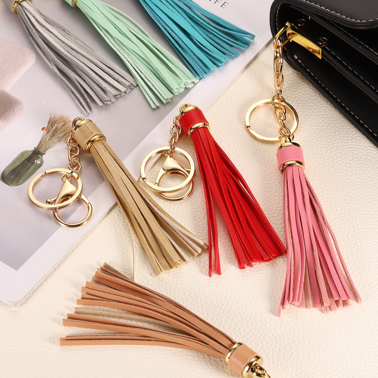 5Pcs Leather Keychain Tassels with Lobster Clasp Key Ring Khaki