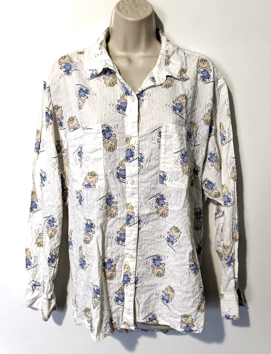 AERIE PEANUTS Sally Brown Seersucker Button Front Shirt Sz L Cotton Blend Muslin