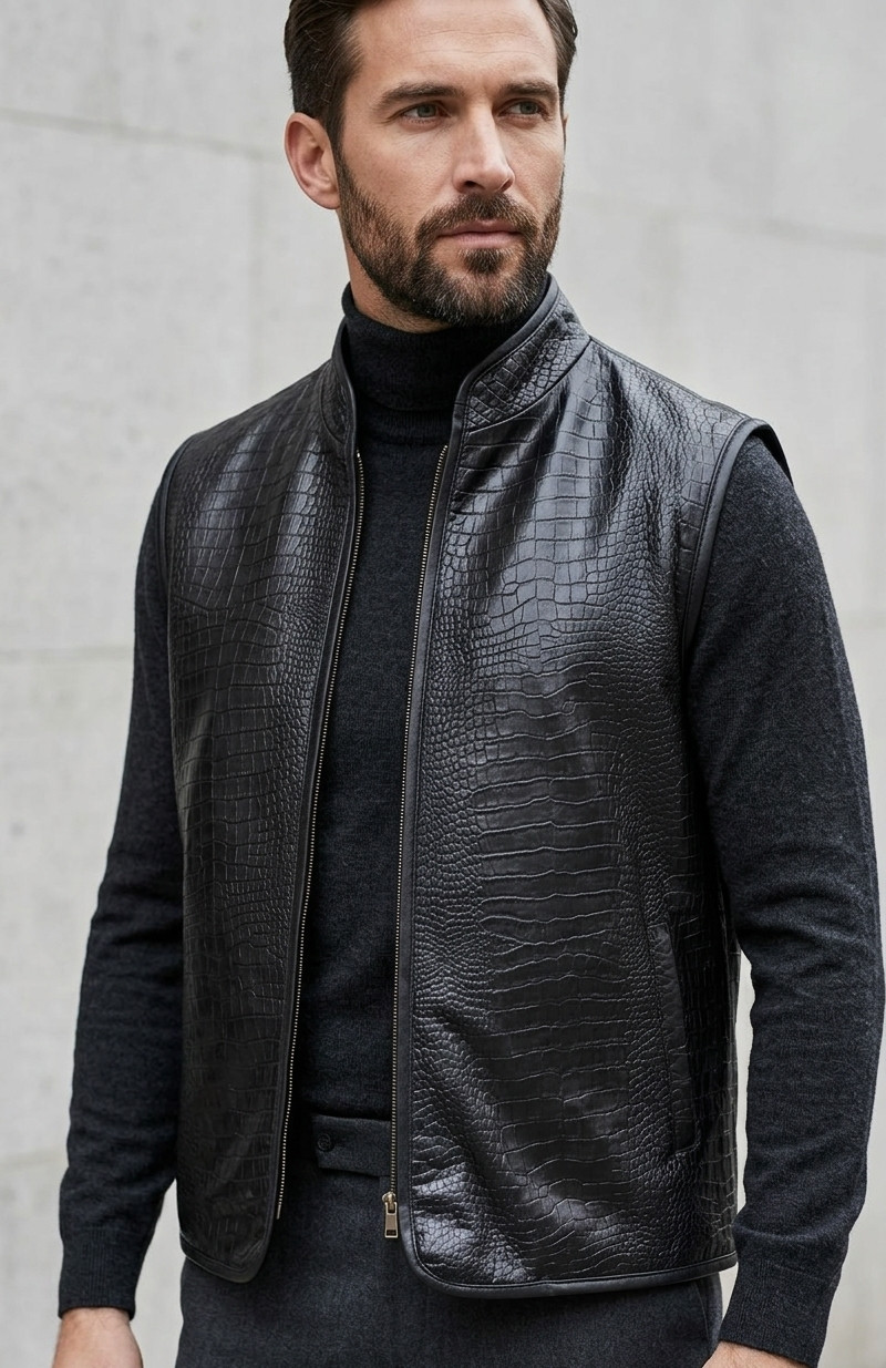 Men’s Crocodile Leather Look Vest, Handmade Biker Western Gilet, Gift For Him