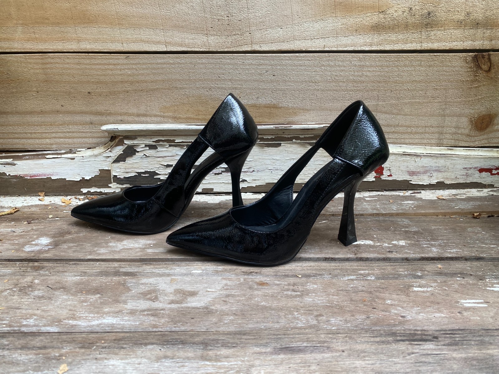 Call It Spring Black Patent 4-Sided Flared Heel Pumps Sustainable Vegan Sz 8