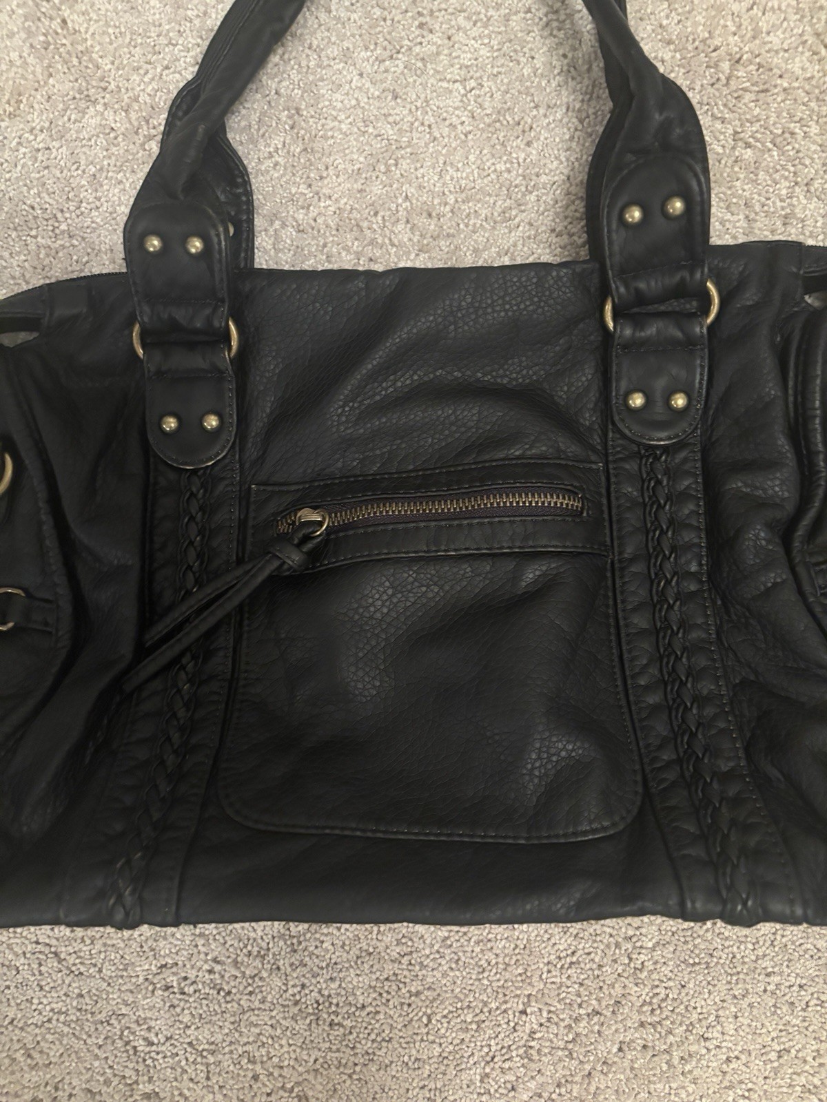 Black Leather City Bag Zip Closure Adjustable Strap Gold Hardware