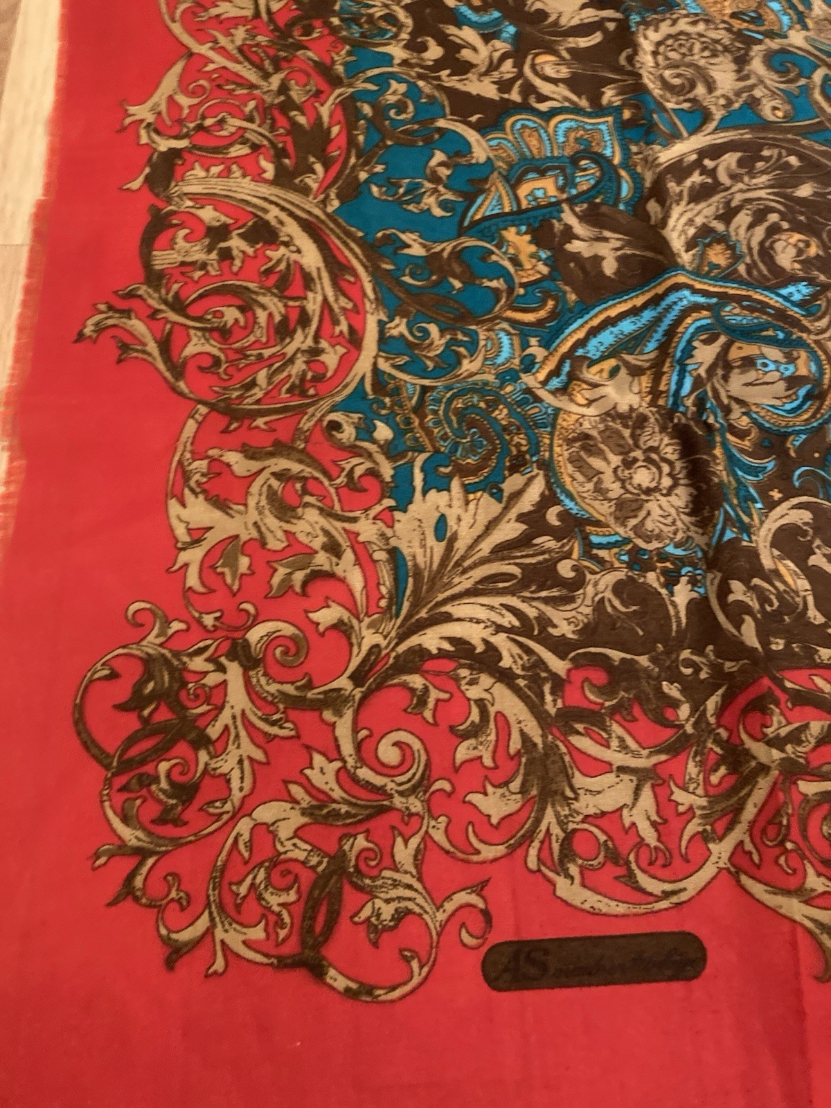 Vintage AS Made in Turkiye Scarf Shawl 46″ Square Red Blue Baroque Floral Large